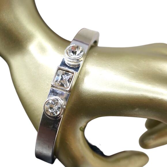 Unbranded Jewelry - Silver Tone Cuff Bracelet Clear Crystal Stones Hinged Bangle Women 7.5 Inch